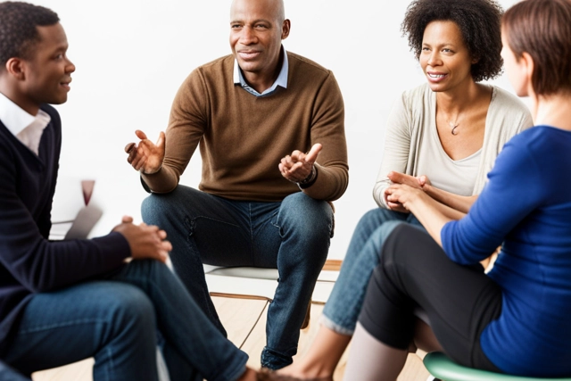 A group of people in a support group discussing twelve-step programs