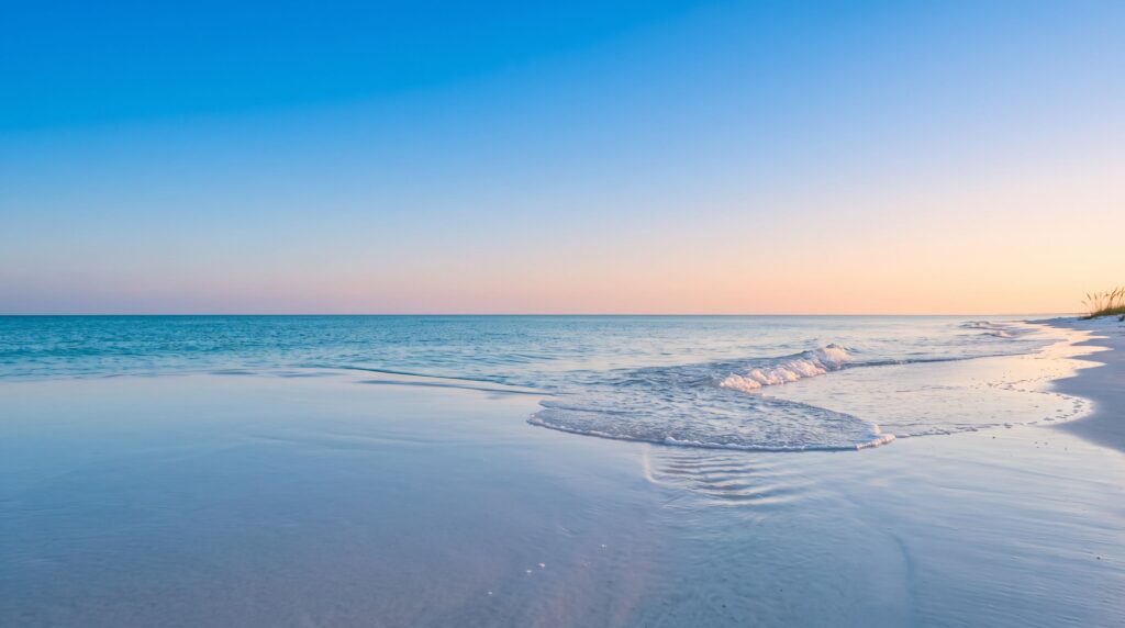 A small wave flattening into calm water on a Florida beach at sunrise