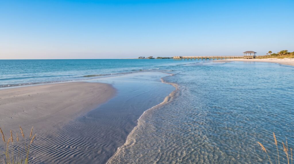The tide washing over smooth wet sand on a quiet Florida Gulf beach