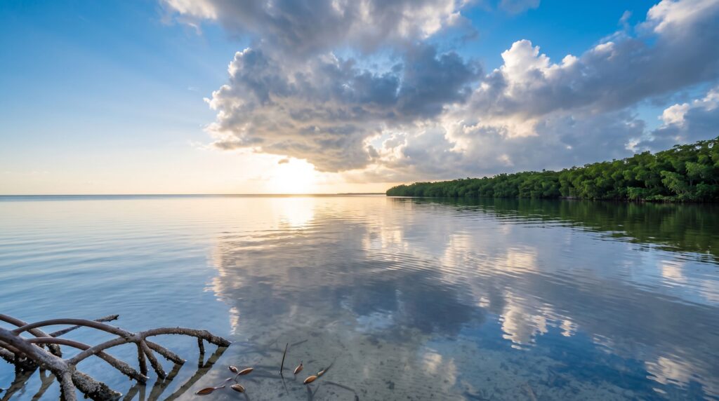 Morning light through clearing clouds over calm Florida bay water