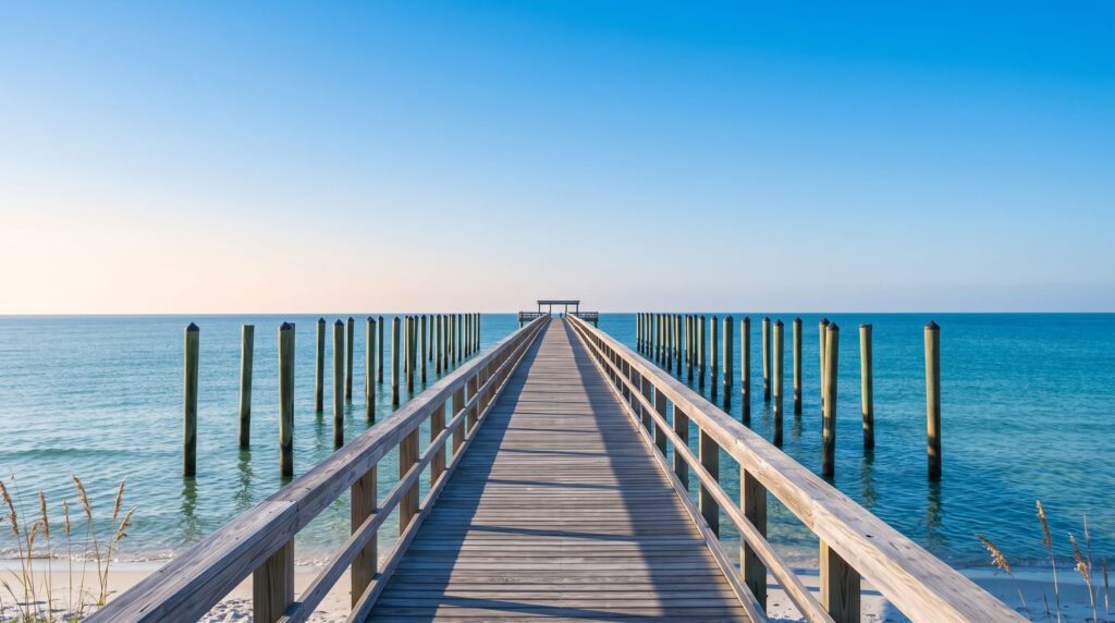 An empty wooden pier on evenly spaced pilings stretching out over calm turquoise water