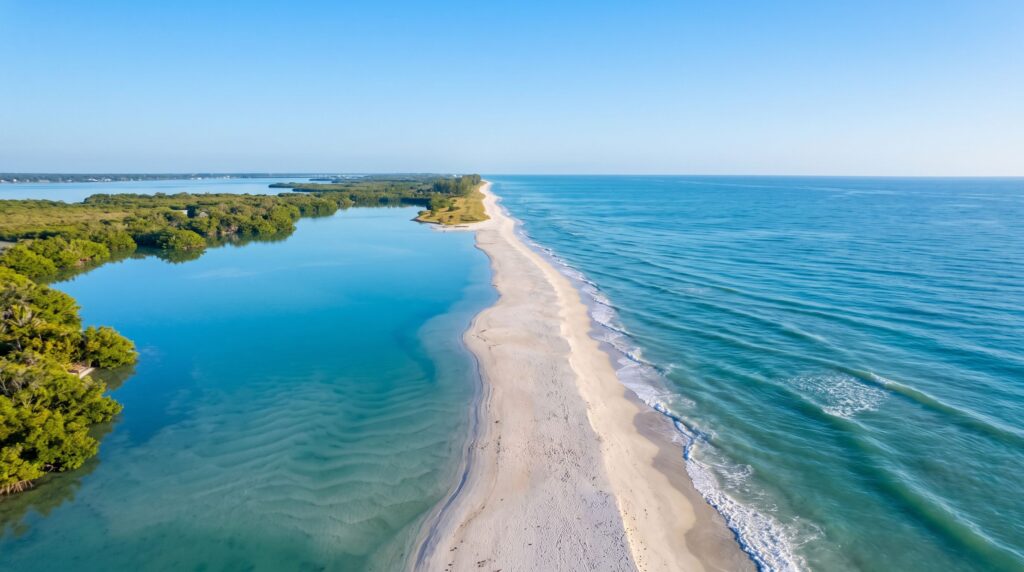 Aerial view of a white sandbar separating sheltered lagoon water from open Gulf swell