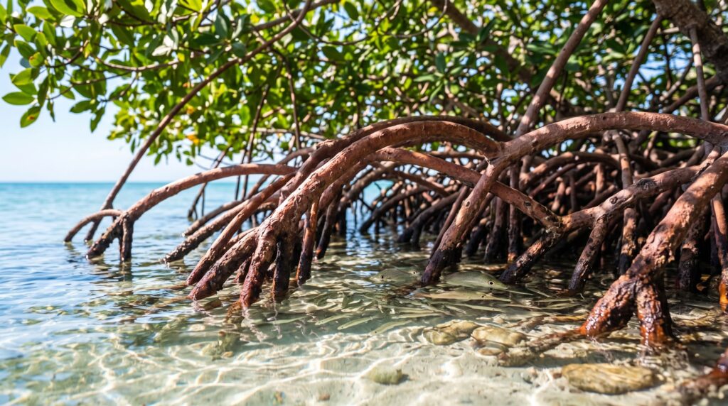 Interlocking red mangrove roots arching into clear shallow water with small fish sheltering beneath